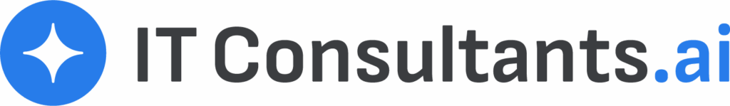 A horizontal logo featuring a circular blue icon on the left with a white four-pointed star in the center. To the right, the text "IT Consultants" is written in a bold, dark grey sans-serif font, followed by ".ai" in a vibrant blue font.