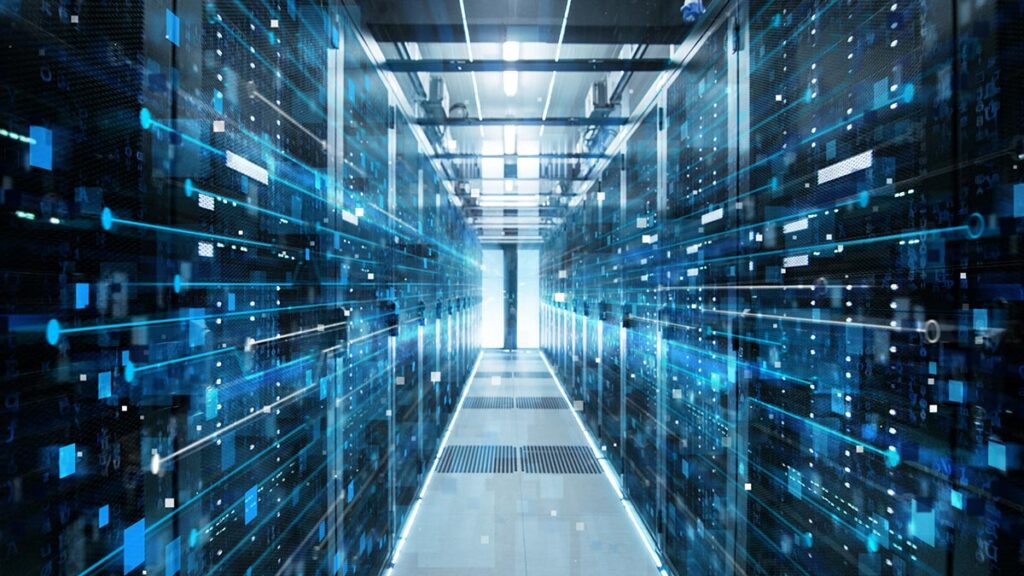 A detailed view down a data center aisle flanked by server racks. The image is filled with glowing blue and white digital overlays, featuring squares, nodes, and horizontal streaks that represent active data movement.