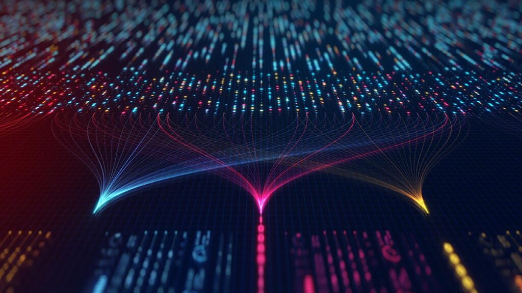An abstract digital visualization of data processing and connectivity. Rows of glowing multi-colored dots and binary code flow across a dark grid surface. These data points converge into three distinct funnel-like hubs—one cyan, one magenta, and one yellow—connected by thin, glowing fiber-optic lines. The image conveys themes of artificial intelligence, big data, and neural networks.