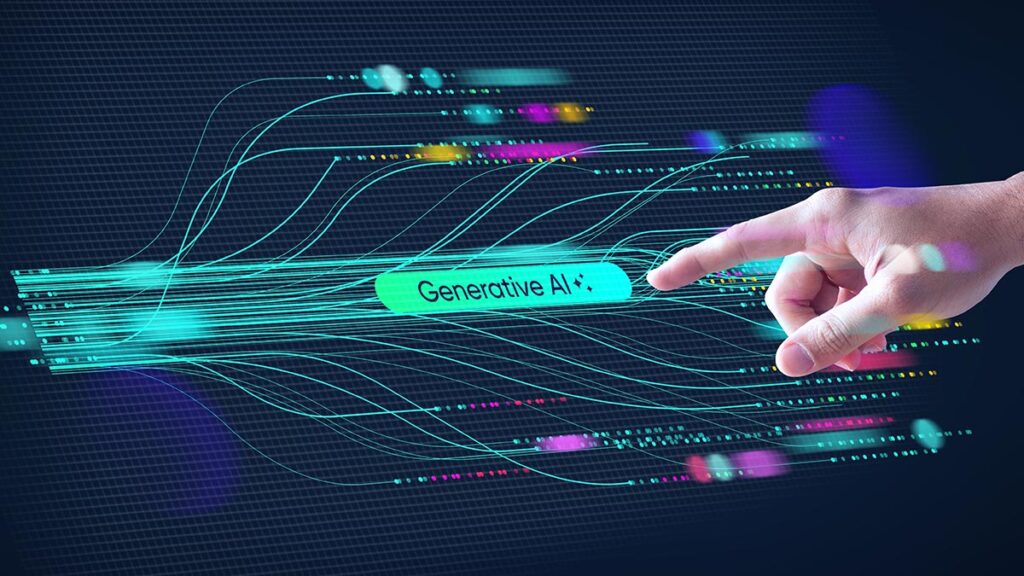 An abstract digital illustration of a hand reaching toward a glowing green button labeled "Generative AI" with two small sparkles. Radiant, flowing lines of teal and magenta light stream horizontally across a dark grid background, suggesting high-speed data transfer or neural pathways.