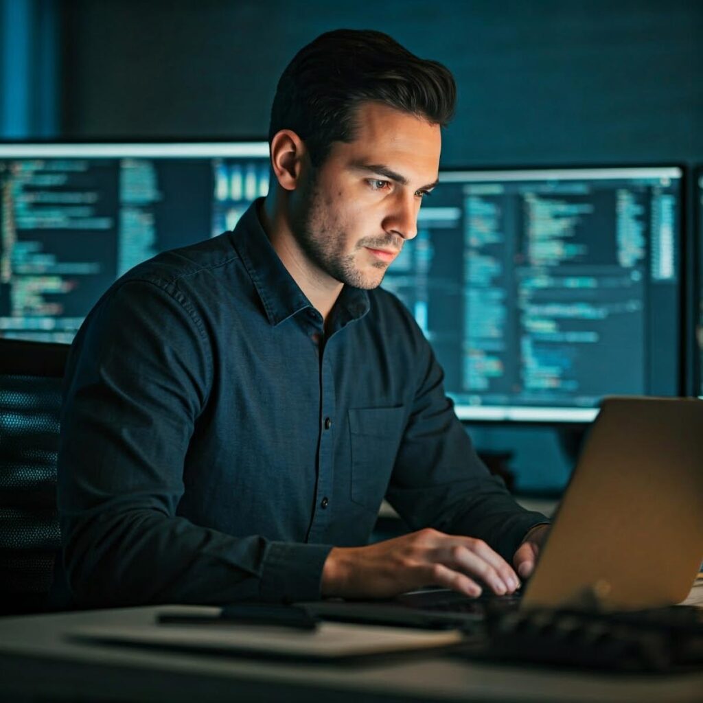 A man in a dark button-down shirt sits at a desk in a dimly lit office, focused on a laptop. His face is illuminated by the glow of the screen. In the background, two large computer monitors display lines of code, suggesting a software development or data analysis environment.