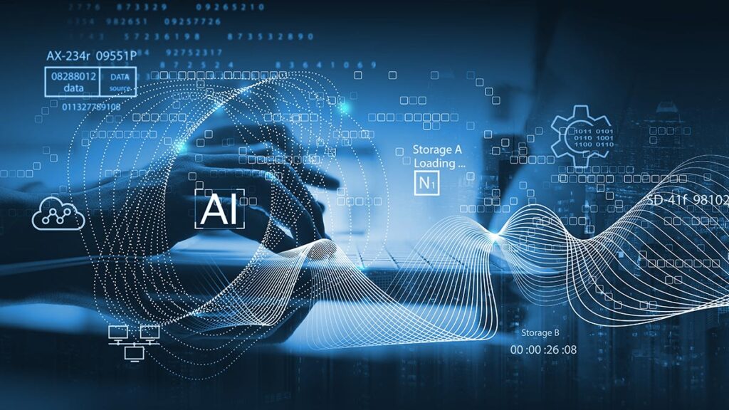 A dark blue futuristic overlay of digital data and wave patterns superimposed over a person’s hands typing on a laptop. The interface features a central "AI" box within circular light nodes, technical data strings, a gear icon, and cloud connectivity symbols, representing the development of autonomous AI agents.