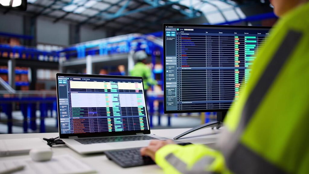 An industrial worker in a high-visibility yellow jacket monitors a logistics dashboard on a laptop and large external monitor. The screens display detailed inventory spreadsheets and data visualisations, with a blurred warehouse background showing storage racks and another worker.