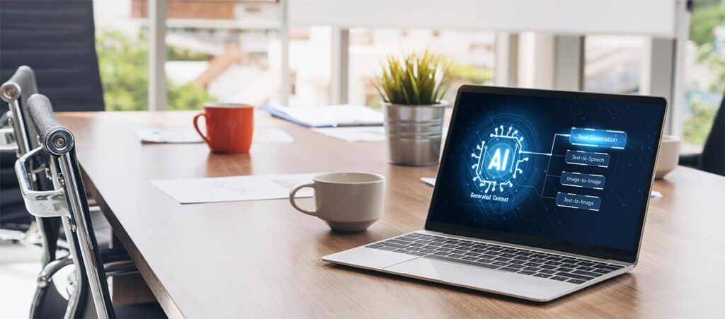 A laptop sits on a modern office desk next to a coffee cup and a small potted plant. The laptop screen displays a glowing blue "AI" microchip graphic with connecting nodes labeled "Text Generation," "Text-to-Speech," "Image-to-Image," and "Text-to-Image" under the heading "Generated Content."