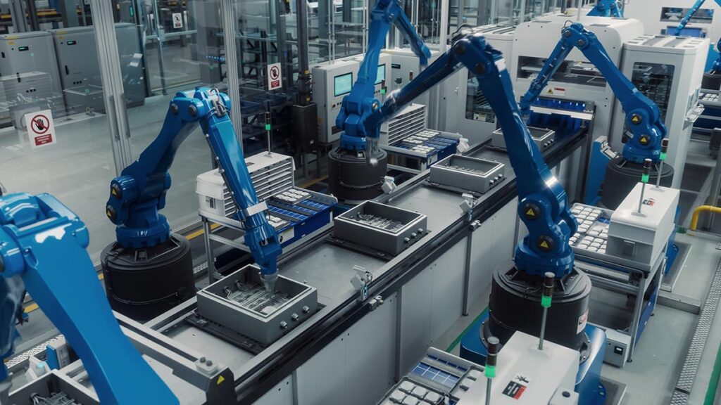 Multiple blue industrial robotic arms working on a high-tech assembly line in a clean, modern factory. The robots are precisely assembling components into metal boxes on a conveyor belt, illustrating advanced AI-driven manufacturing and product development.