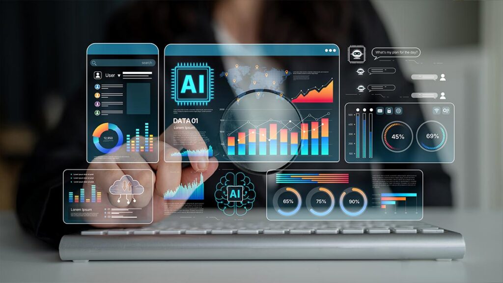 A futuristic digital dashboard overlay showing various data analytics and AI interfaces. A person’s hand interacts with floating screens containing a world map, line graphs, percentage gauges (65%, 75%, 90%), and a chatbot interface. Central icons include a digital brain and a microchip labeled "AI."