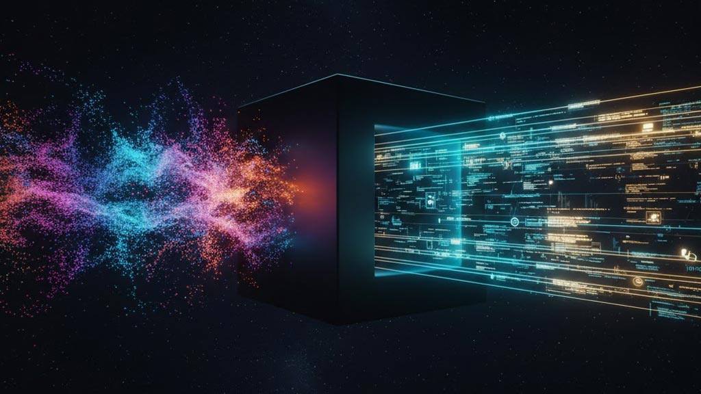 Abstract visualisation of enterprise AI development showing raw data being transformed into structured code and insights through a central processing hub.
