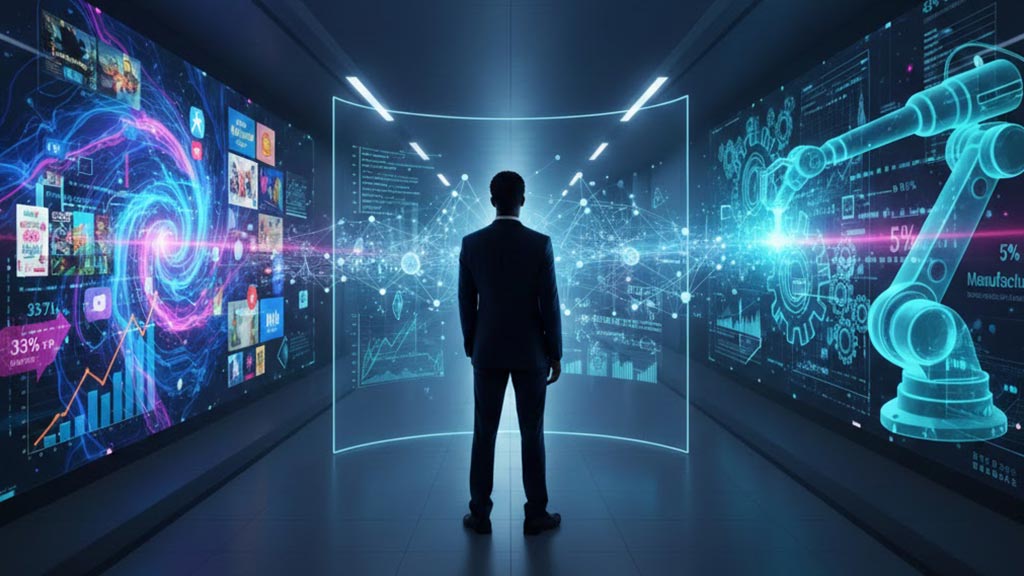 A generative AI consultancy expert analysing digital data displays showing AI integration in marketing and manufacturing. The high-tech interface illustrates the transition from data insights to industrial automation in a modern, professional setting.