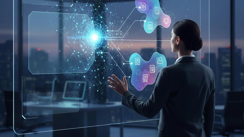 A professional AI consultant analysing emerging trends in generative AI on a futuristic digital display. The image represents agentic AI systems, knowledge-centric organisational models, and hyper-personalised AI research in a high-end corporate setting.
