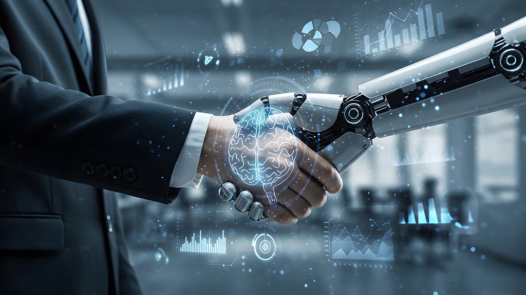 A businessman and a robotic hand shaking hands, overlaid with a glowing digital brain and data visualisation graphics, symbolising human-AI collaboration.
